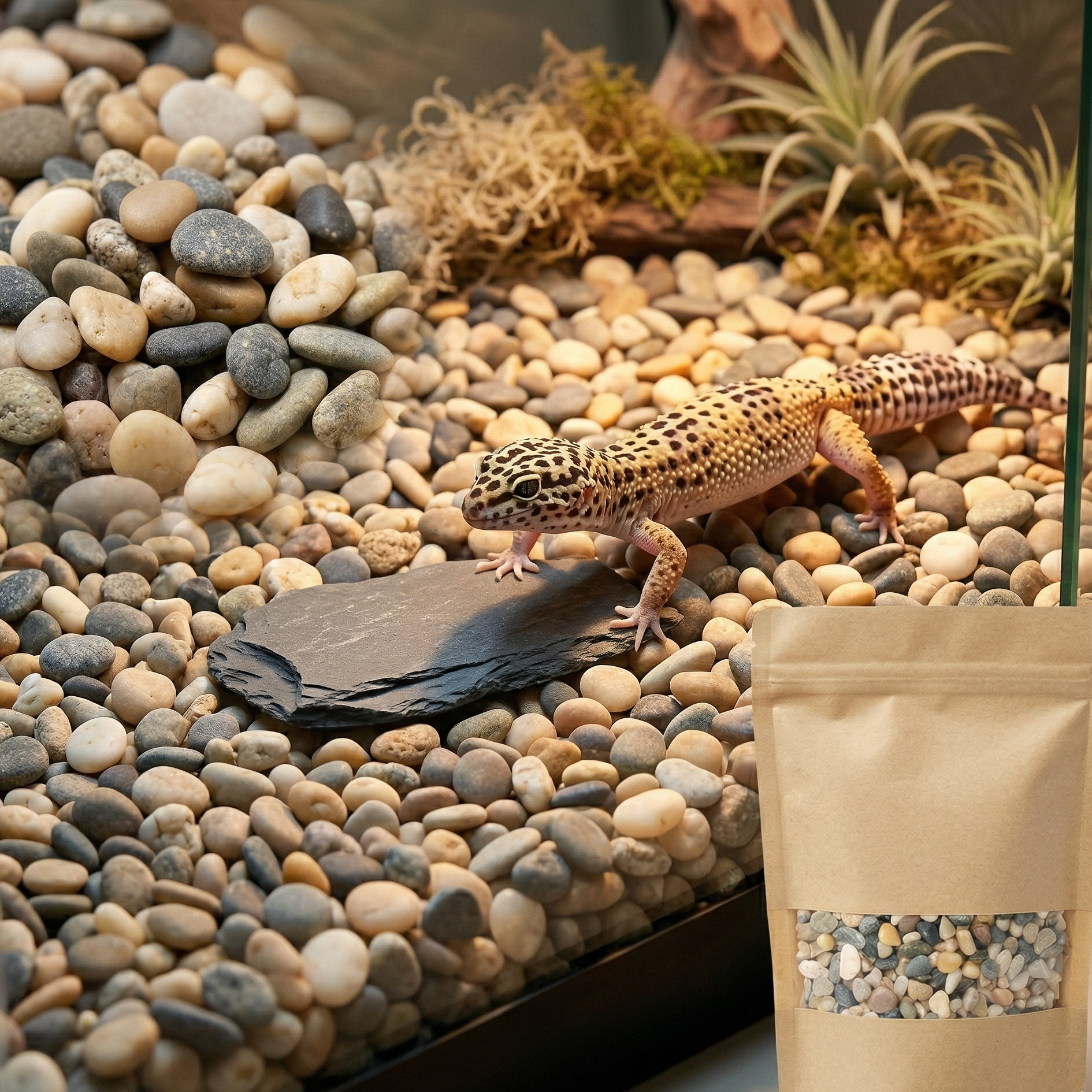 Sachet kraft gravier naturel posé côté terrarium setup, intérieur 
galets mixtes gris beige crème blanc couvre-sol rivière naturelle, 
gecko léopard marchant naturellement pierres pieds entre galets, 
ardoise plate reposoir, macro zone galets sharp variété tailles couleurs 
spectaculaire lumière chaude, sachet kraft connexion produit résultat, 
format JPG 1:1