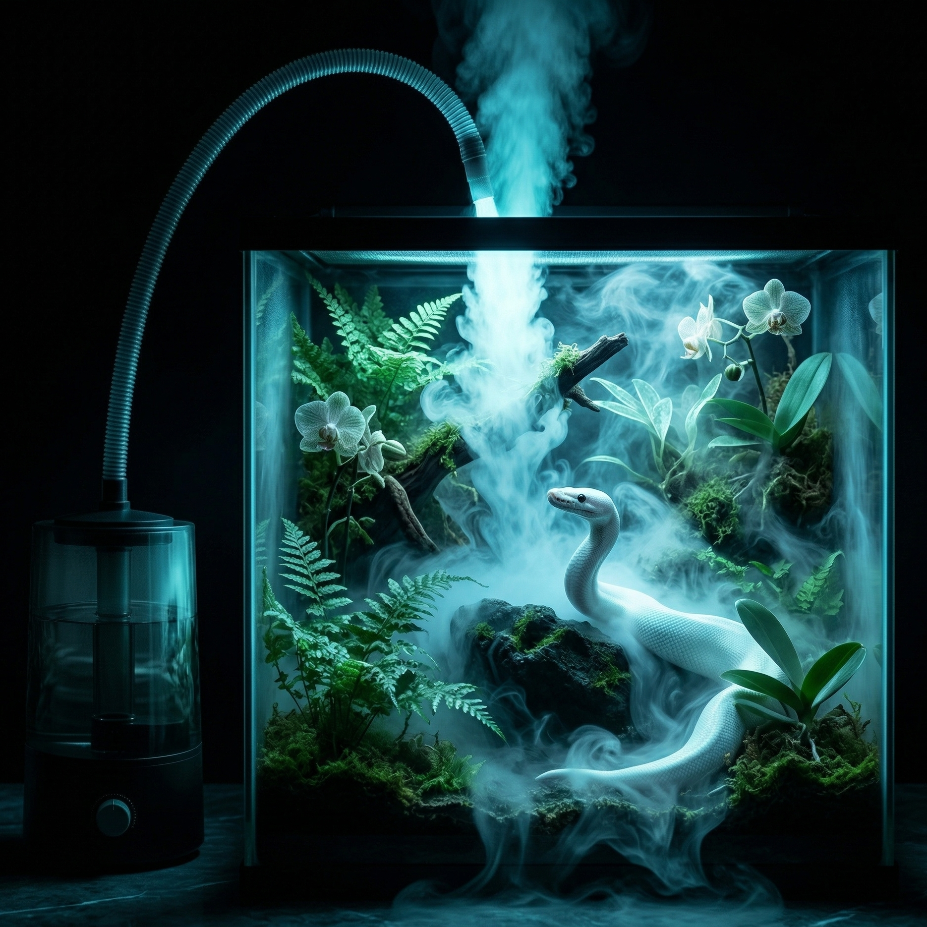 Humidificateur reptile 4L nuit totale terrarium seule lumière, brume 
bioluminescente bleu-blanc LED cool pouring couches denses cascade 
tourbillons volutes substrat, python leucistique blanc pur tête levée 
travers brume écailles lumière bleue-verte reflets surnaturel, 
silhouettes plantes tropicales contre lueur bleue translucides 
éthérées, parois verre halo bleu surface sombre, réservoir fumé lueur 
fantôme obscurité, format PNG 1:1