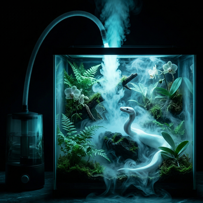 Humidificateur reptile 4L nuit totale terrarium seule lumière, brume 
bioluminescente bleu-blanc LED cool pouring couches denses cascade 
tourbillons volutes substrat, python leucistique blanc pur tête levée 
travers brume écailles lumière bleue-verte reflets surnaturel, 
silhouettes plantes tropicales contre lueur bleue translucides 
éthérées, parois verre halo bleu surface sombre, réservoir fumé lueur 
fantôme obscurité, format PNG 1:1