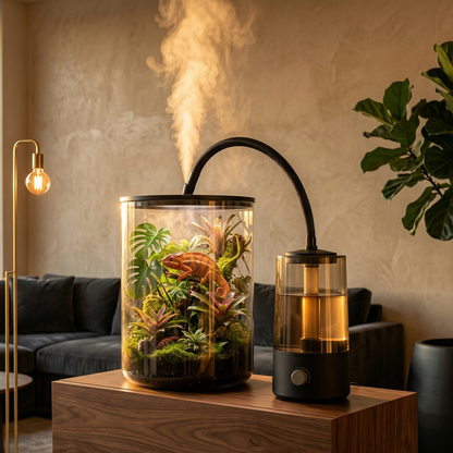 Humidificateur reptile 4L droite terrarium console noyer sombre 
flottante salon exceptionnel golden hour, réservoir fumé lumière ambrée 
reflections, tuyau flexible arc sculptural organique reliant objets 
premium, volutes brume échappant terrarium lumière dorée ambre-blanc 
atmosphère vivante, caméléon couleurs crépuscule calme plantes denses, 
lampe laiton Edison gauche ficus lyrata céramique noire droite, mur 
plâtre Vénitien or raking light parquet chêne large, canapé velours 
charcoal bokeh, format JP