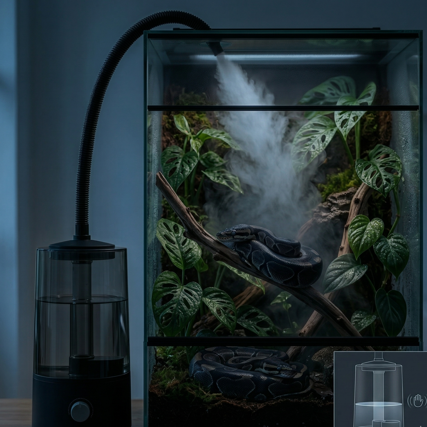 Humidificateur reptile 4L fonctionnant nuit silence absolu 36dB côté 
terrarium nocturne, deux pythons boule morphe sombre lovés parfaitement 
yeux fermés repos total aucun stress preuve silence, brume ultra-douce 
peine visible haze atmosphérique sédimentation naturelle silencieuse, 
réservoir fumé niveau eau lisible autonomie heures restantes, lumière 
ambiante froide minimale silhouettes plantes sombres, paix totale 
gardien silencieux autonomie complète, format JPG 1:1
