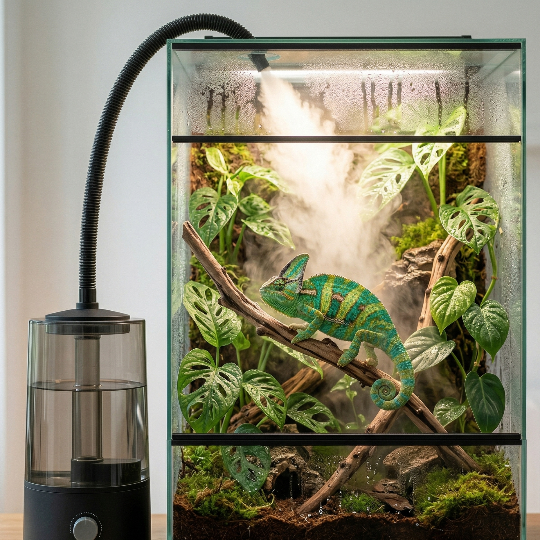 Humidificateur reptile 4L cylindrique gauche terrarium tropical, tuyau 
nervuré arc élégant buse intérieure brume spectaculaire cascade Costa 
Rica aube, caméléon voilé vert turquoise jaune branche bois flotté 
glistening chaque écaille gouttelette gemme santé parfaite, feuilles 
tropicales micro-gouttelettes diamants condensation paroi verre, 
monstera pothos philodendron fond dense, réservoir fumé niveau eau 
visible, lumière matinale diffuse atmosphère lumineuse, format JPG 1:1