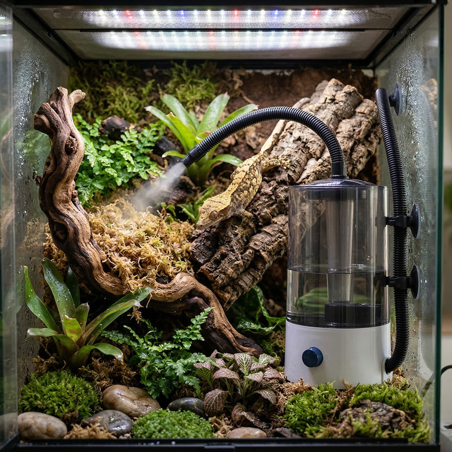 Humidificateur terrarium blanc avec gecko à crête dans un décor 