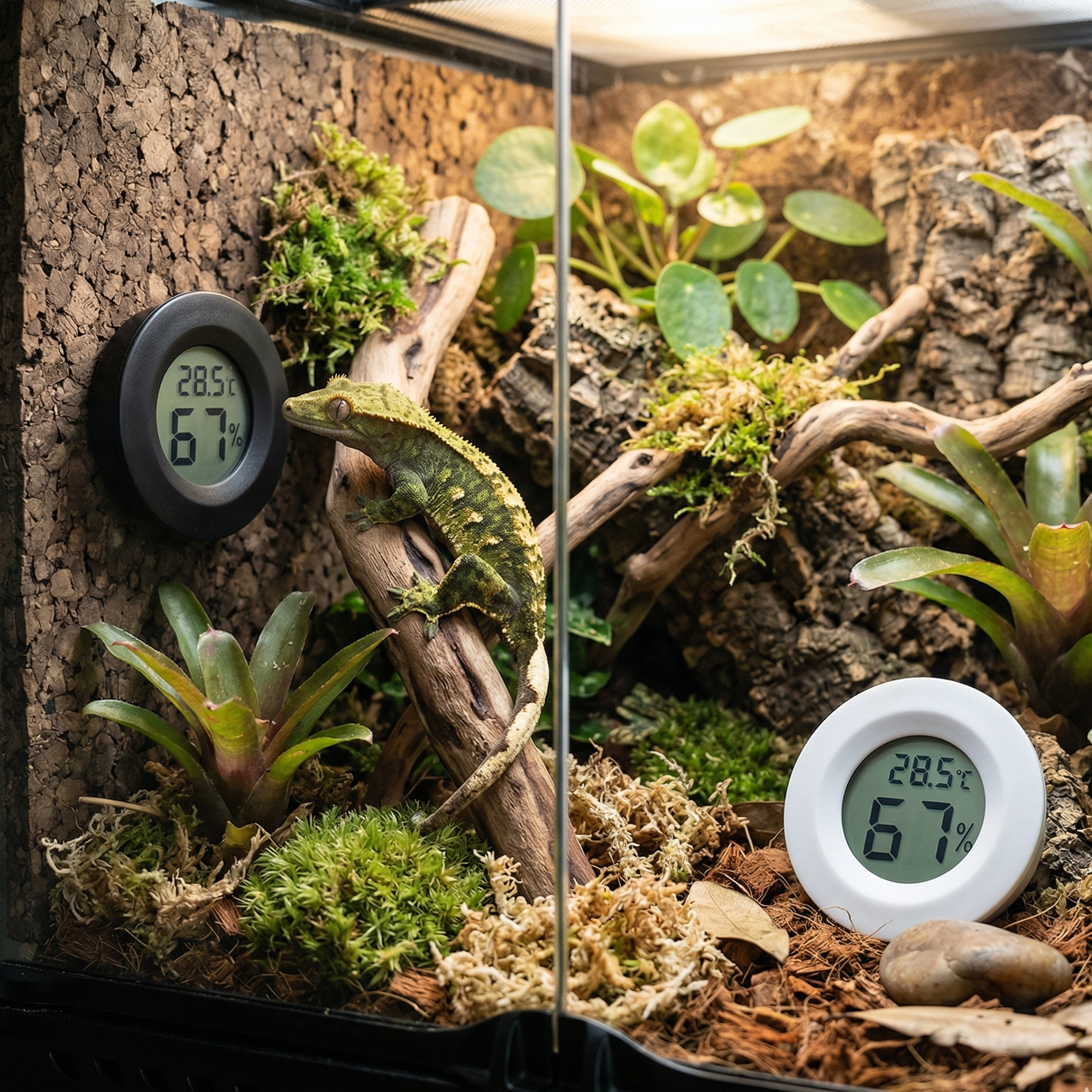 Hygromètre thermomètre LCD noir monté paroi gauche terrarium décoré, 
version blanche droite, gecko à crête vert brun accroché branche près 
dispositif noir vérifiant lectures 28.5°C 67%, sol fibre coco liège 
branches mousse plantes tropicales, lumière basking ambrée dessus, 
vue niveau verre réaliste, format JPG 1:1