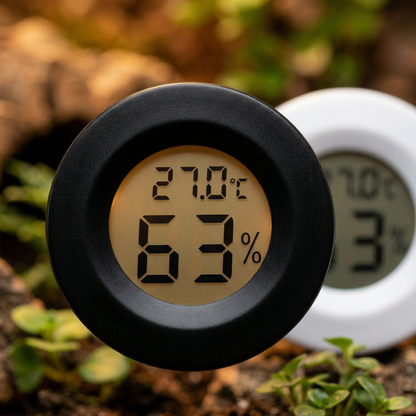 Macro gros plan hygromètre thermomètre LCD noir premier plan 60% 
cadre, écran digital net cristallin 27.0°C ligne haute 63% grands 
chiffres bas, version blanche fond légèrement floue profondeur, 
arrière-plan terrarium lumière ambrée plantes vertes bokeh, 
éclairage macro rim light bord noir qualité premium, format PNG 1:1