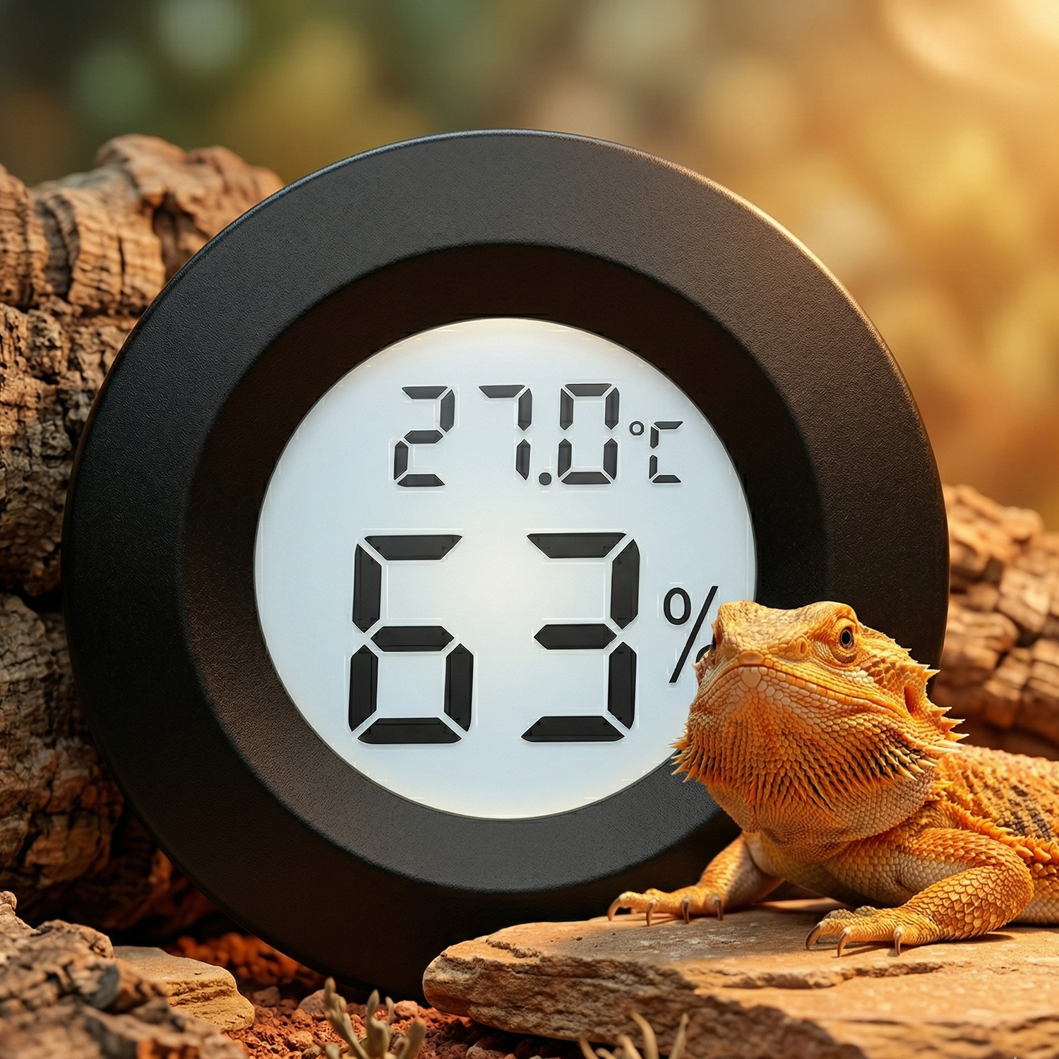 Hygromètre thermomètre numérique LCD noir monté terrarium, écran 
27.0°C 63% chiffres rasoir nets premier plan, dragon barbu orange 
doré basking paisible côté device scales lumière ambrée, décor 
ardoise liège substrat désert, lumière basking chaude top contraste 
écran LCD froid, bokeh chaud arrière-plan environnement contrôlé 
parfait, format JPG 1:1