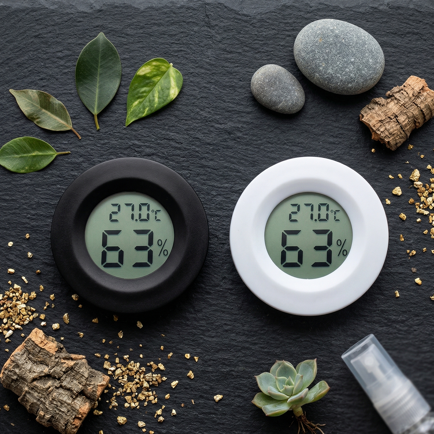 Vue plongeante flat lay deux hygromètres thermomètres LCD noir et 
blanc écrans face dessus chiffres visibles, surface ardoise sombre 
riche, feuilles séchées tropicales pierres rivière liège vermiculite 
épars succulent spray bottle bord flou, lumière naturelle overhead 
écrans lueur subtile, format PNG 1:1