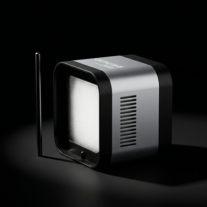 Système LED WRGB II photographié en profil latéral sur fond noir mat, éclairage spot latéral dramatique créant dégradé lumineux sur corps aluminium argenté et ombre définie, panneau mesh blanc légèrement lumineux, grilles ventilation visibles, tige métallique noire minimaliste en accent, style luxe sophistiqué haute contrast, format PNG carré 1:1