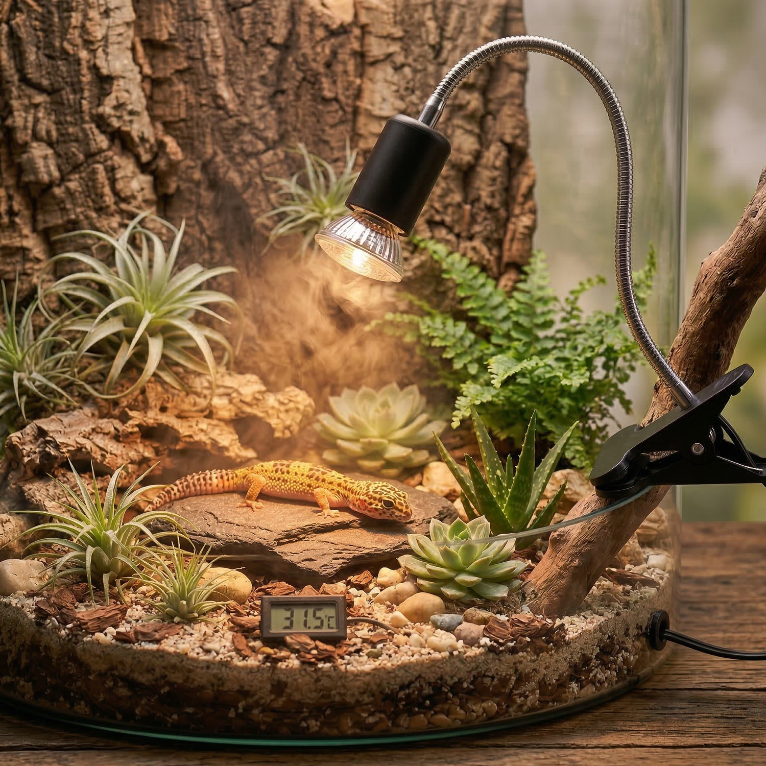Lampe chauffante à clip pour reptile avec col de cygne flexible, éclairant une tortue terrestre dans son terrarium naturel avec bois flotté et plantes Tillandsia,