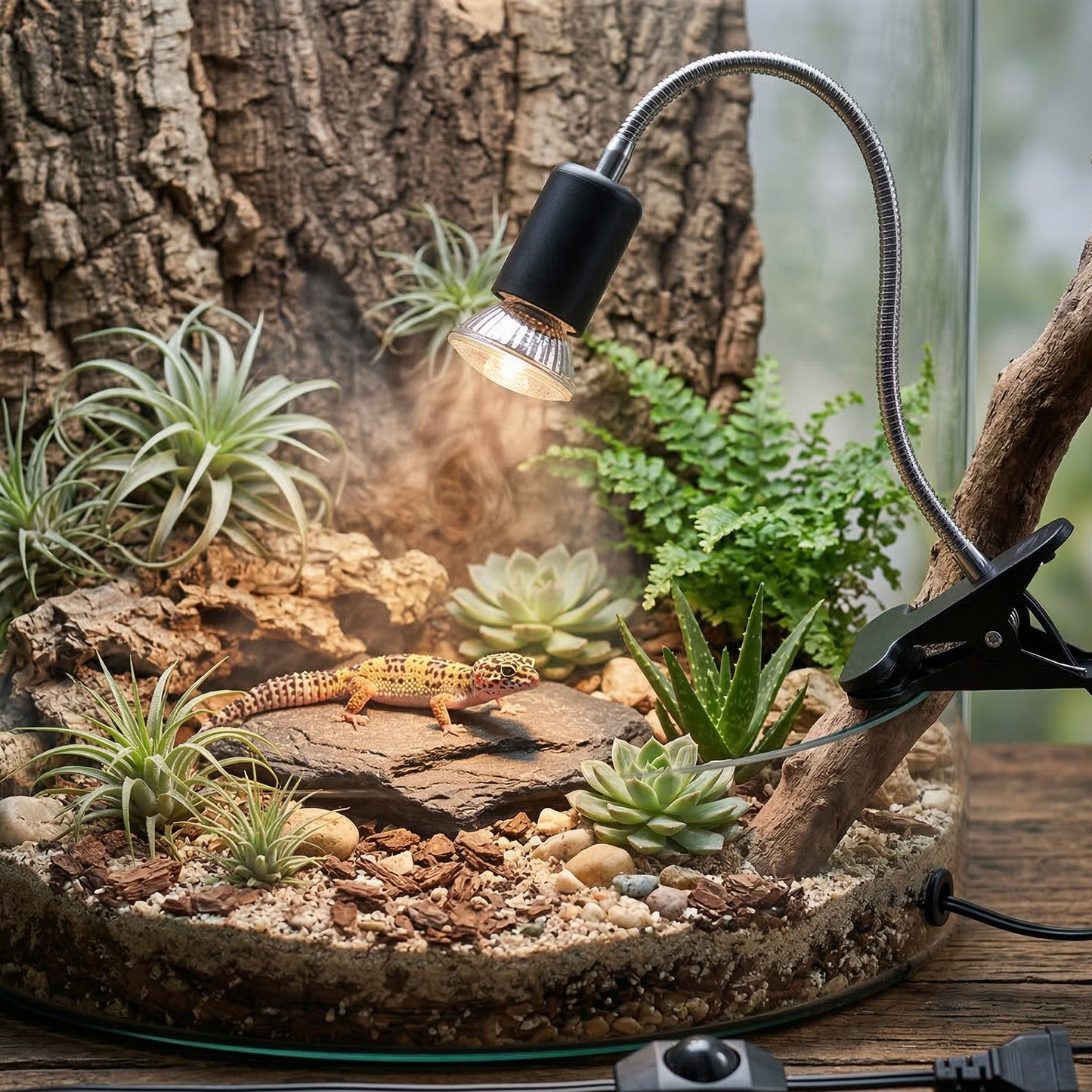 Lampe chauffante à clip pour tortue installée sur un bac à eau bleu, 