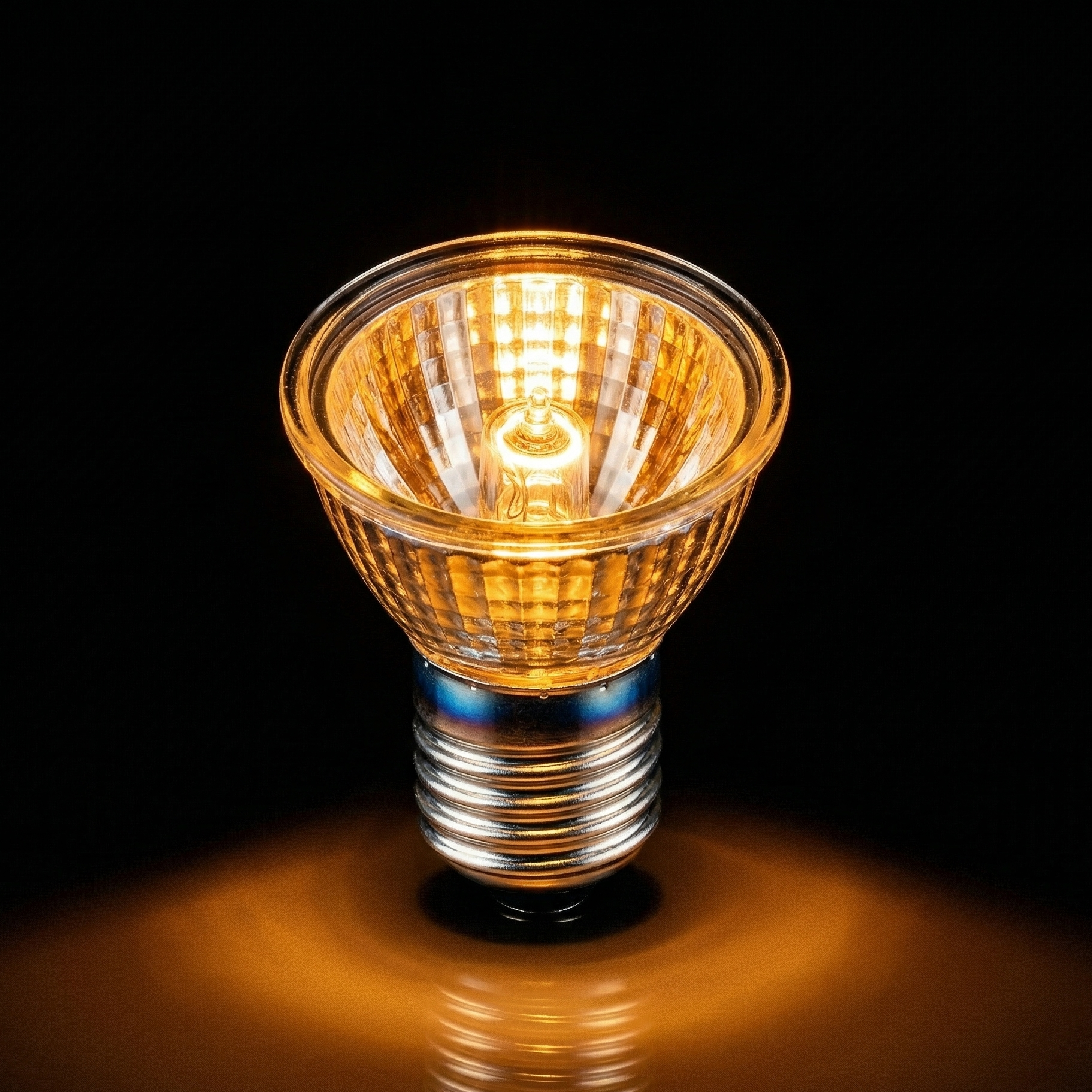 Ampoule halogène chauffante reptile E27 allumée fond noir absolu, 
filament incandescent blanc chaud visible intérieur réflecteur, 
rayonnement lumière ambre doré puissant cône, base chrome luisant 
chaleur, surface acrylique noire reflet pool lumière chaude, 
ambiance puissance dramatique solaire, format JPG 1:1