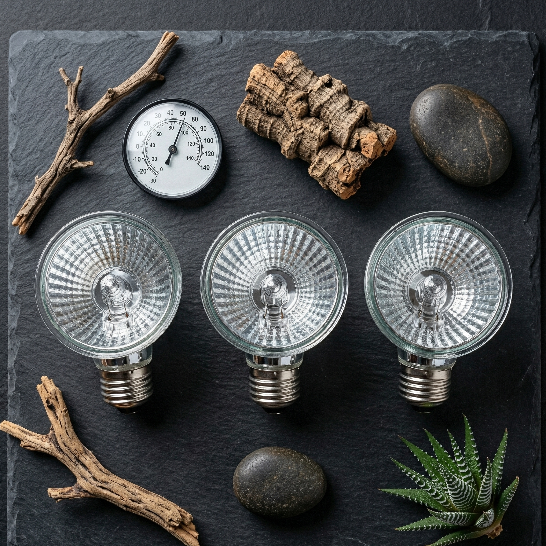 Trois ampoules halogène chauffantes reptile E27 vue plongeante flat 
lay ligne diagonale réflecteurs argent face dessus, bases chrome 
visibles, surface ardoise sombre, thermomètre liège galet branche 
désert succulent autour, lumière naturelle reflets métalliques, 
format PNG 1:1