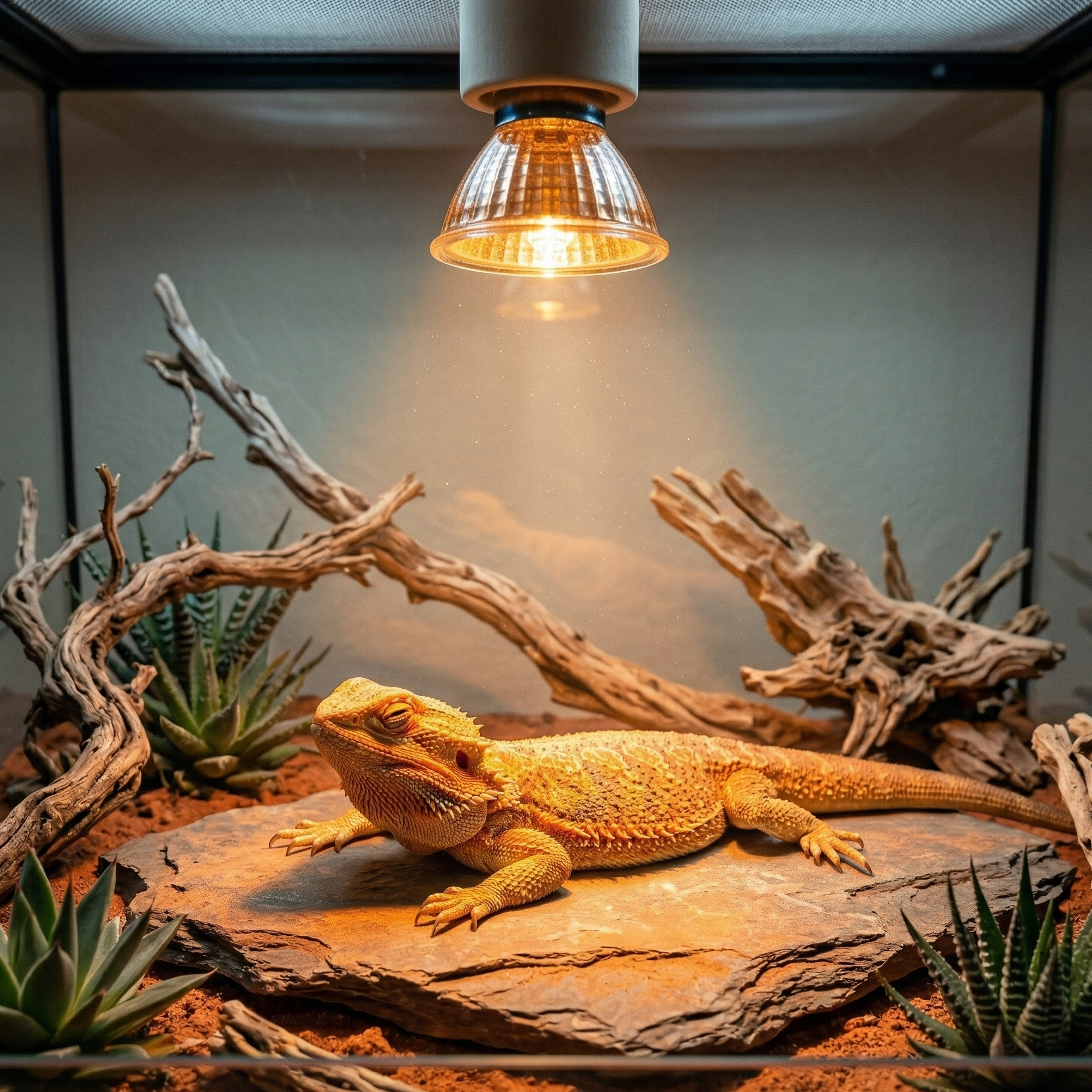 Ampoule halogène chauffante E27 installée terrarium dessus, cône 
lumière ambre intense ardoise basking dessous, dragon barbu orange 
doré étalé rocher chaud yeux mi-clos thermorégulation parfaite, 
substrat sable ocre bois désert succulentes, gradient thermique 
visible chaud centre froid côtés, format JPG 1:1