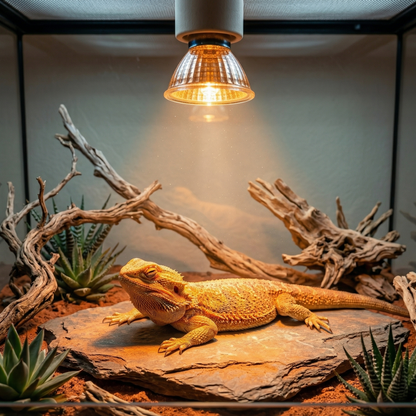Ampoule halogène chauffante E27 installée terrarium dessus, cône 
lumière ambre intense ardoise basking dessous, dragon barbu orange 
doré étalé rocher chaud yeux mi-clos thermorégulation parfaite, 
substrat sable ocre bois désert succulentes, gradient thermique 
visible chaud centre froid côtés, format JPG 1:1