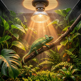 Ampoule halogène chauffante E27 vue intérieur terrarium bas angle 
perspective reptile regardant haut, lumière solaire ambre rayons 
travers brume humide tropical, caméléon vert branche diagonale 
mi-plan peau lumière chaude, mousse verte monstera premier plan net, 
pothos fougères philodendron fond dense, gouttelettes feuilles 
scintillantes, atmosphère matin tropical humide immersif, format 
JPG 1:1