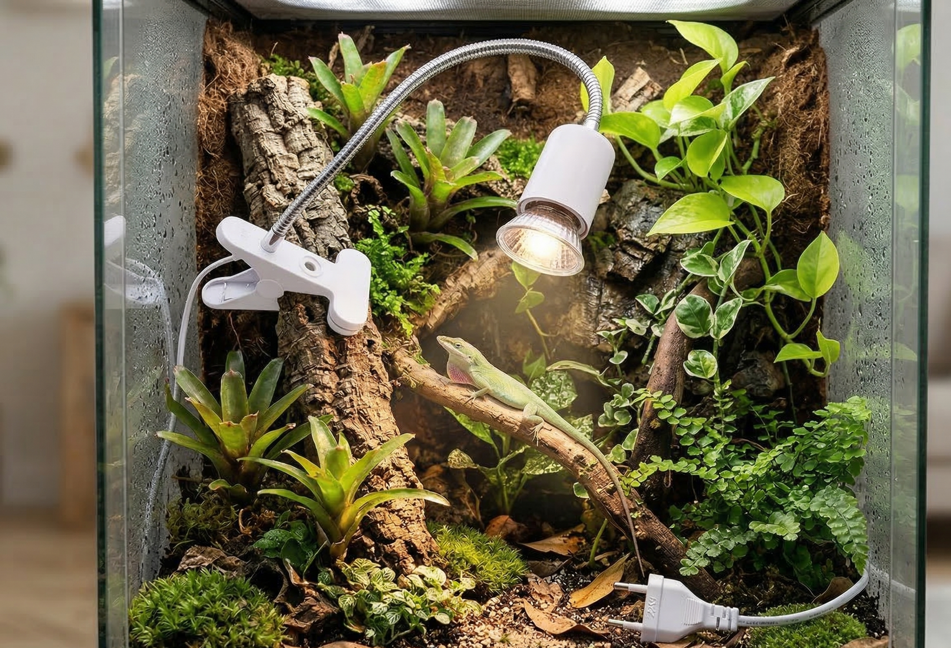 Lampe de terrarium noire orientable fixée sur un bac en verre aménagé avec plantes, rochers et une tortue, offrant un éclairage 