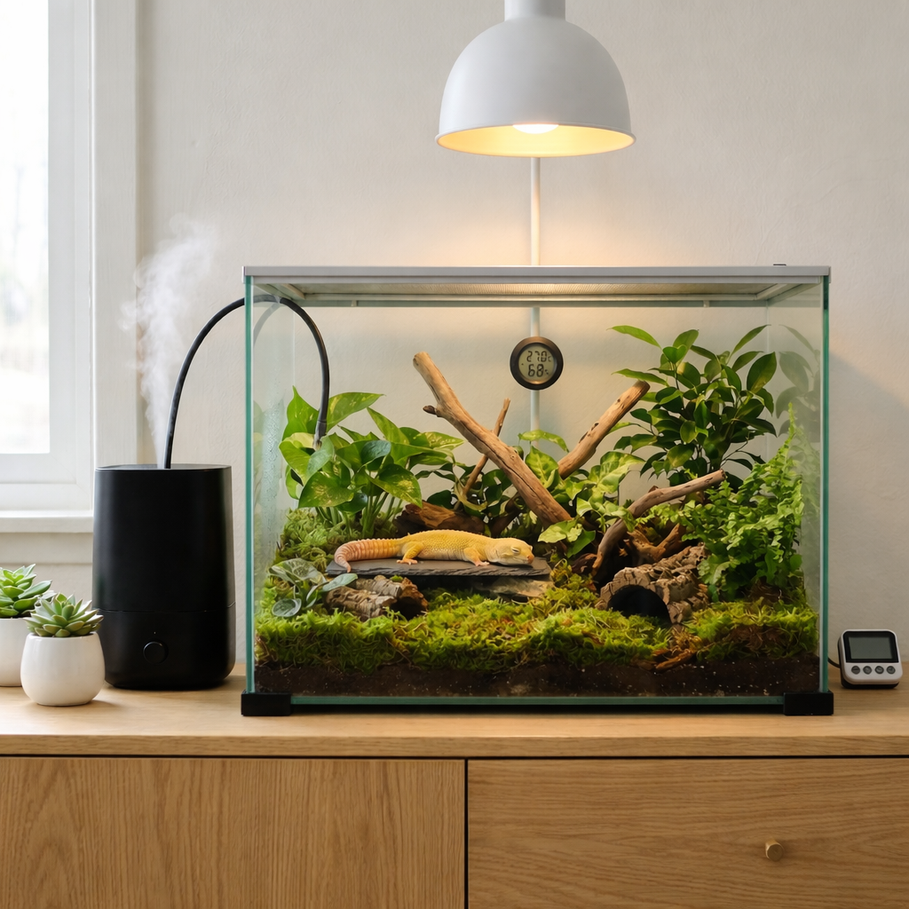 Terrarium tropical premium propre organisé matin lumineux, humidificateur 
noir brume fine automatique tuyau intérieur, thermomètre LCD 27°C net 
lisible paroi, lampe basking ambre spot précis, gecko léopard jaune 
yeux mi-clos détendu moss vert parfait, bois flotté plantes tropicales 
substrat frais, console chêne clair minuterie droite succulent blanc 
gauche, lumière matinale douce tout fonctionne seul, format JPG 1:1