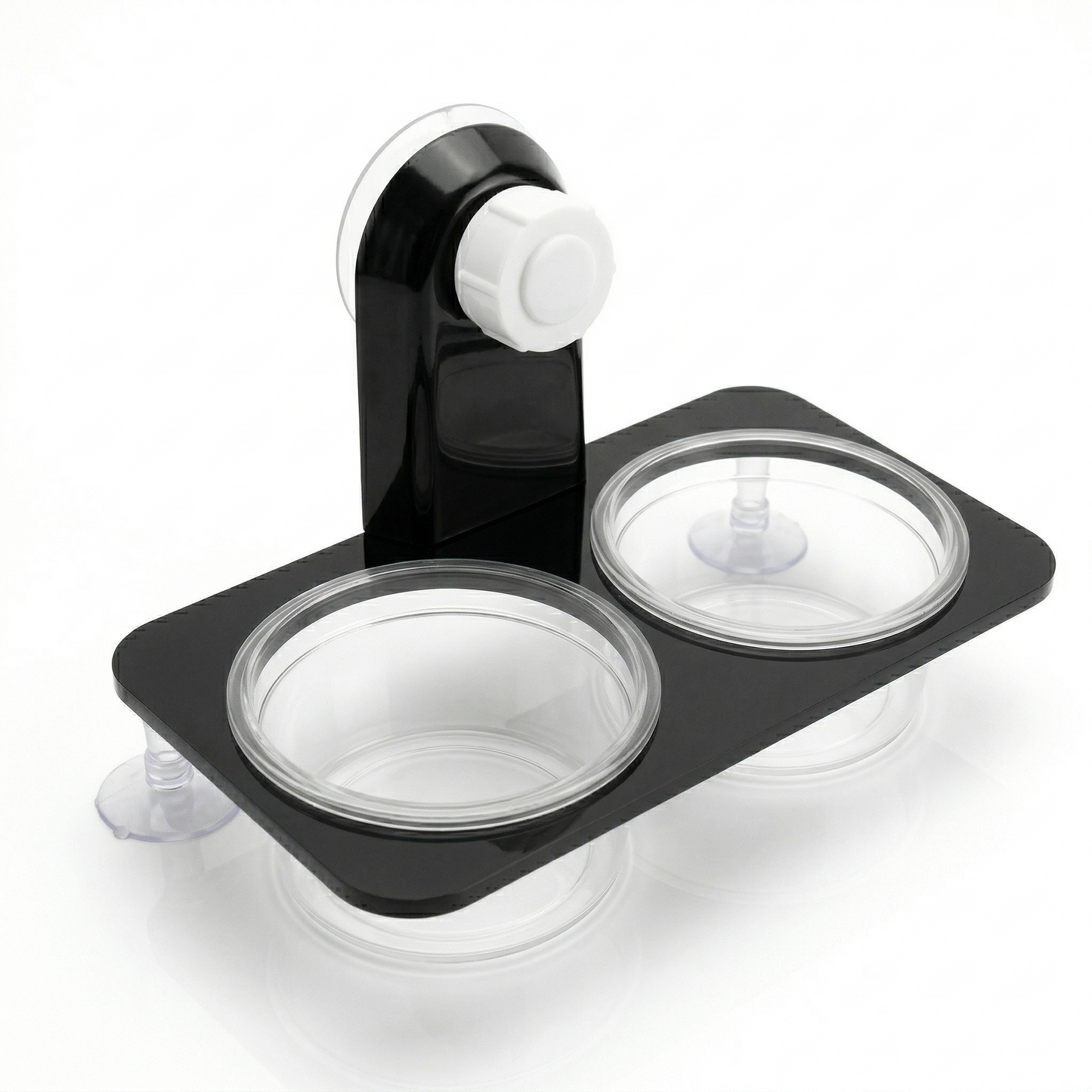 Mangeoire reptile ventouse double noir mat version large, deux bols 
circulaires transparents côte à côte fixés platine noire élargie, 
ventouse blanche bras courbe dessus, ventouses transparentes coins, 
même design que modèle simple en version deux compartiments, fond 
blanc studio éclairage professionnel, format JPG 1:1