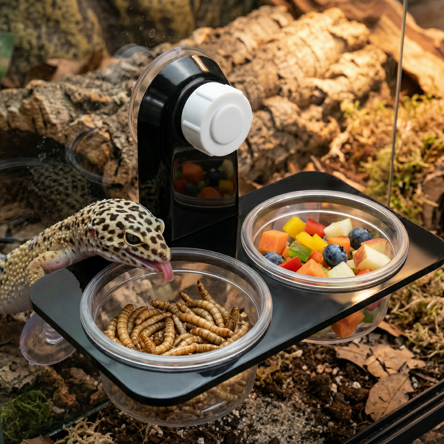 Mangeoire reptile ventouse noire fixée paroi verre intérieur 
terrarium, bol transparent rempli vers naturels mealworms légumes 
frais, gecko léopard approchant tête baissée langue vers nourriture 
moment alimentation naturel, décor liège substrat lumière basking 
ambrée arrière-plan, vue niveau verre réaliste, format JPG 1:1