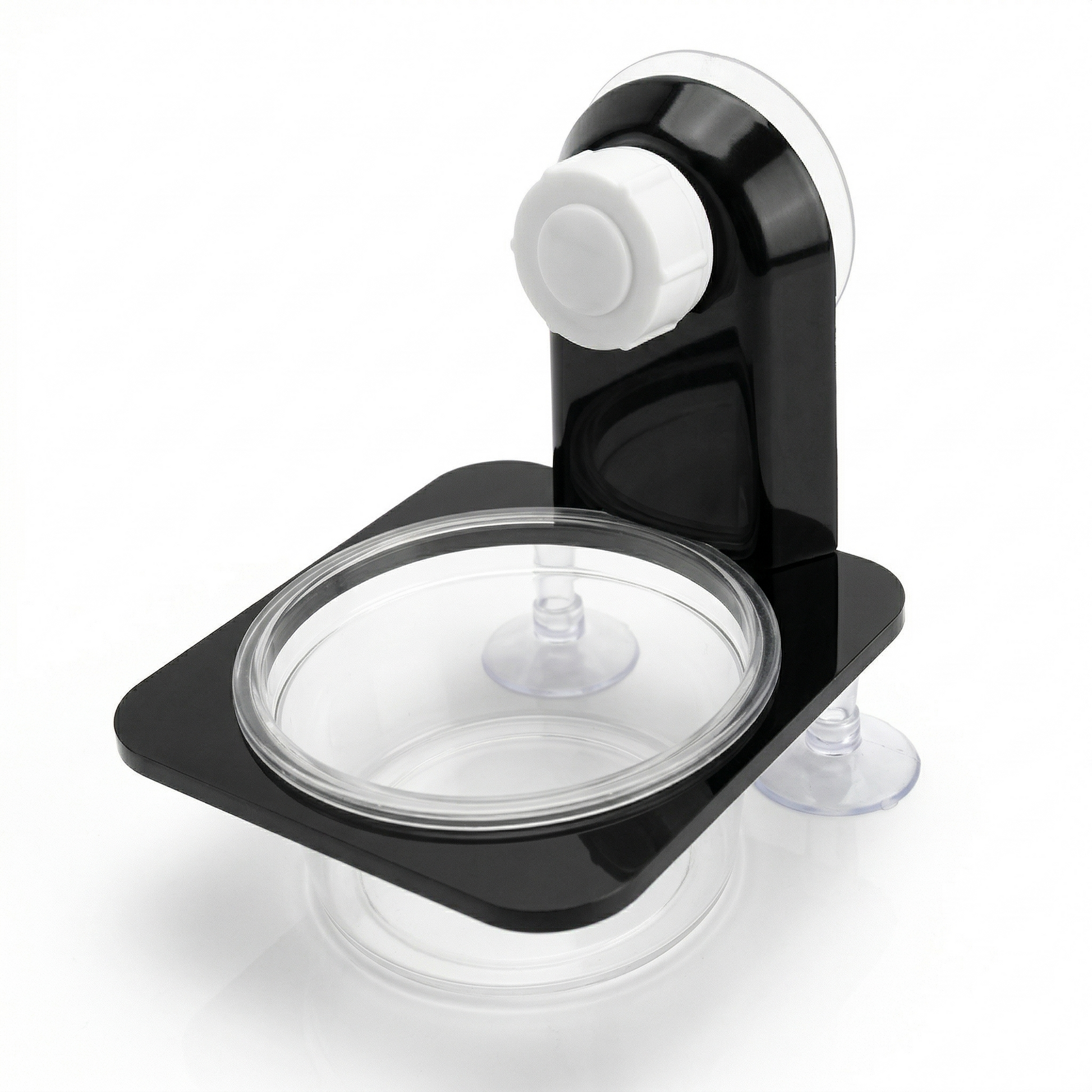 Mangeoire reptile ventouse simple noir mat, bras courbe ventouse 
blanche ronde proéminente, bol circulaire transparent peu profond 
fixé platine noire, deux petites ventouses transparentes coins bas, 
design minimal noir et transparent, fond blanc studio éclairage 
professionnel, format JPG 1:1