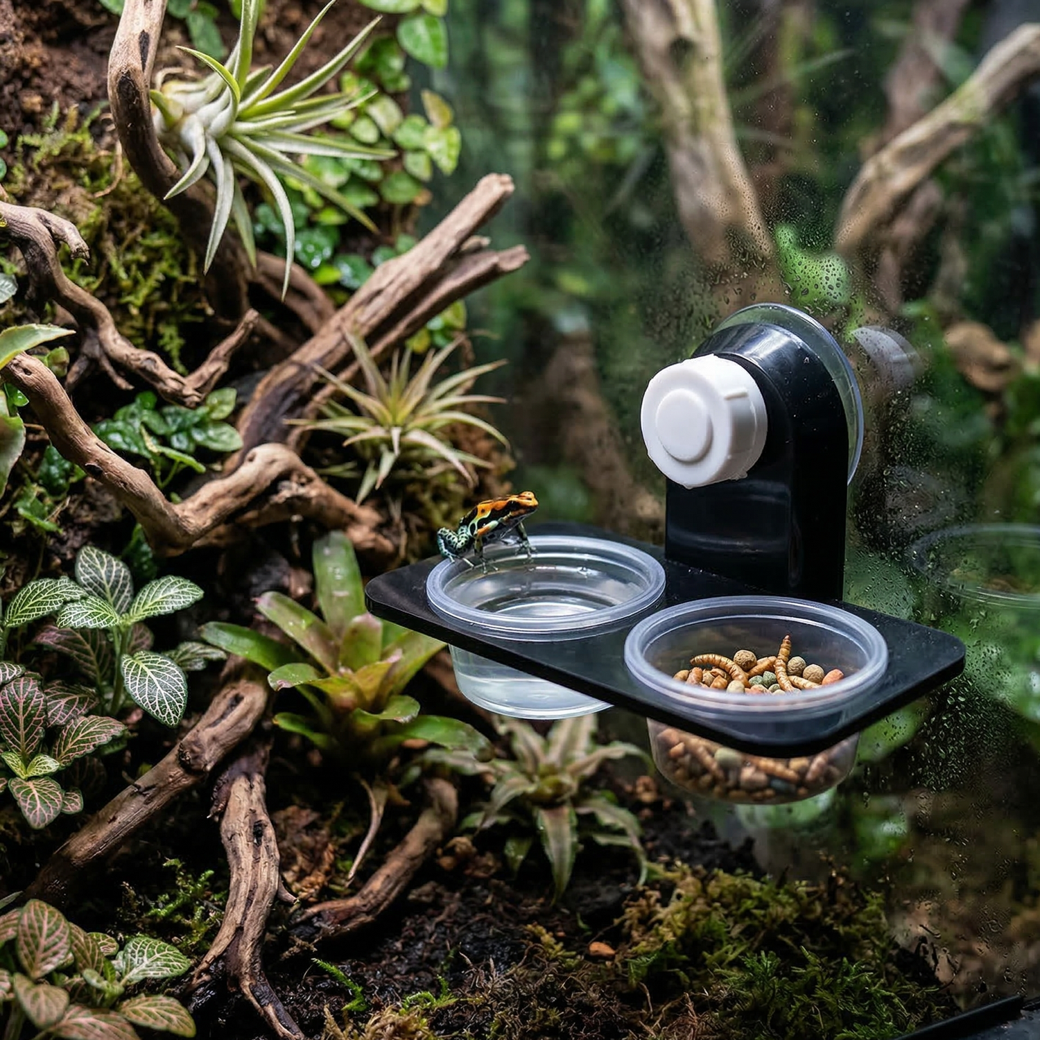 Mangeoire ventouse double dans terrarium planté avec grenouille