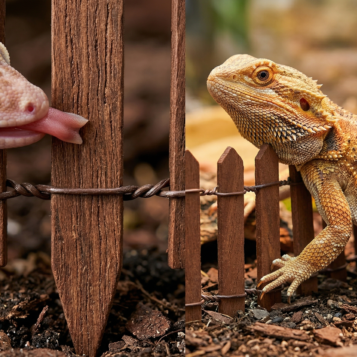 Composition macro split mini clôture bois, gauche macro extrême latte 
bois grain naturel fibers réels langue gecko contact direct sûr piquet 
ancré substrat sombre particules visibles stabilité, droite dragon 
barbu adulte poussant clôture installée terrarium écailles bois contact 
naturel fence parfaitement stable immobile, même produit deux échelles 
qualité prouvée, lumière macro focused gauche lumière terrarium chaude 
droite, format JPG 1:1