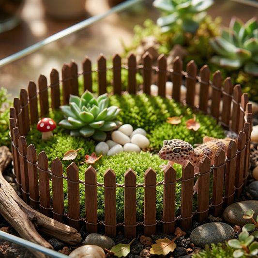 Mini clôture bois marron installée terrarium angle bas perspective 
créature, jardin miniature enclos mousse verte coussin succulente 
galets blancs champignon feuilles, extérieur substrat sombre gravier 
bois flotté, gecko léopard juvénile tête scrutant entre lattes curieux 
charmant échelle architecturale, ombres lattes mousse pattern doré, 
lumière dappled chaude féerique, format JPG 1:1