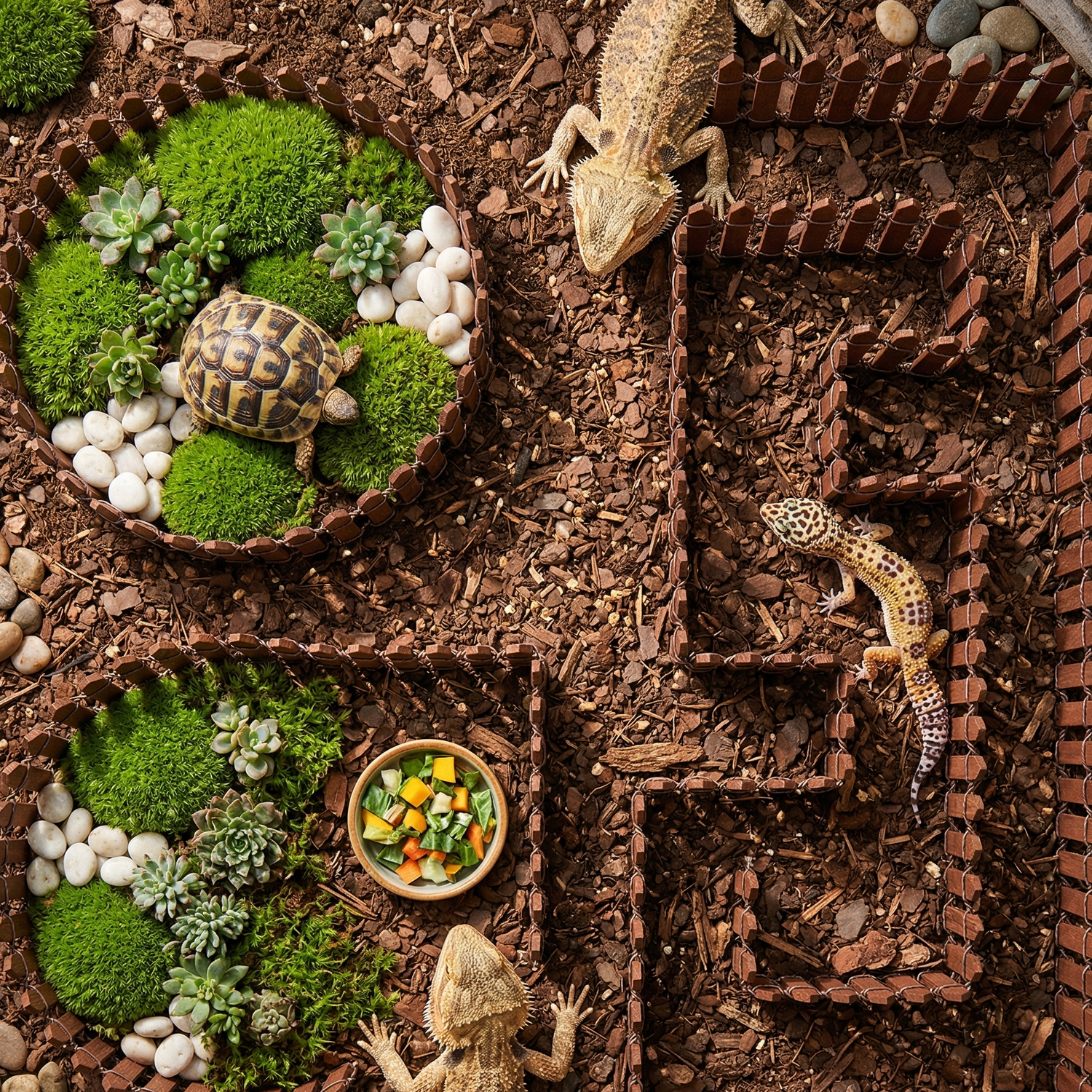 Vue plongeante terrarium mini clôture bois trois configurations, gauche 
cercle parfait jardin mousse tortue broutant, centre rectangle zone 
alimentation bol légumes dragon barbu approchant, droite labyrinthe 
sinueux gecko léopard exploration stimulée, lattes pointues brun 
fil connexions substrat ancré ombres géométriques lumière naturelle 
chaude overhead, format JPG 1:1