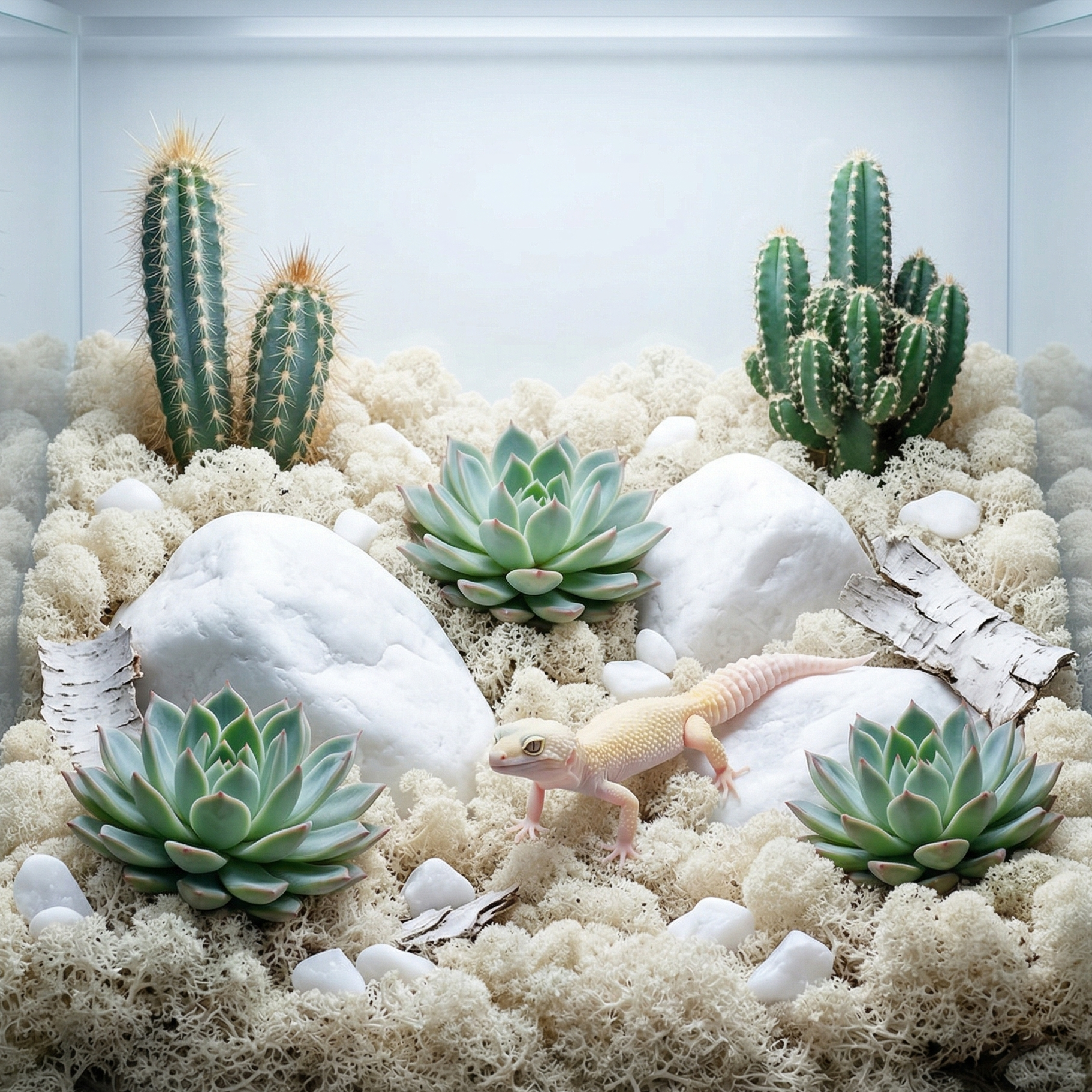 Mousse artificielle blanche crème couvre-sol terrarium arctique 
minimaliste, pierres quartz blanches écorce bouleau blanche, gecko 
léopard albinos quasi invisible mousse blanche camouflage magique yeux 
visibles, lumière froide blanche paysage toundra arctique pristine, 
format JPG 1:1