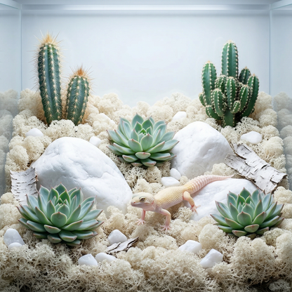 Mousse artificielle blanche crème couvre-sol terrarium arctique 
minimaliste, pierres quartz blanches écorce bouleau blanche, gecko 
léopard albinos quasi invisible mousse blanche camouflage magique yeux 
visibles, lumière froide blanche paysage toundra arctique pristine, 
format JPG 1:1