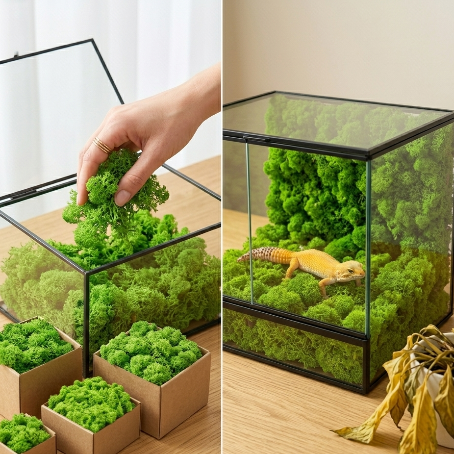 Composition deux moments installation mousse artificielle verte, gauche 
main élégante alliance or disposant mousse librement terrarium ouvert 
sans outil naturellement, trois boîtes kraft tailles différentes côté 
choix quantité, droite terrarium fermé résultat magnifique gecko léopard 
heureux mousse identique jour installation vert vif parfait, plante 
réelle fanée jaune morte contraste visuel côté, surface chêne blanc 
lumière naturelle, format JPG 1:1