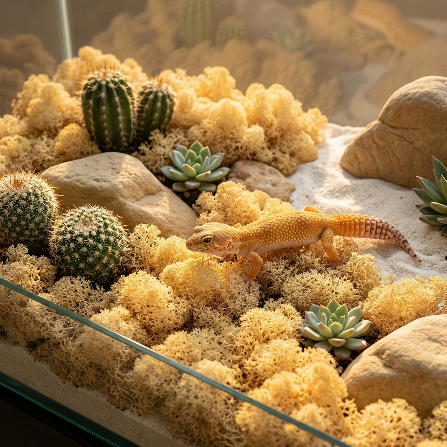 Mousse artificielle jaune clair couvre-sol terrarium désert zen, cactus 
succulentes plantés mousse dorée, roches grès beige sable blanc, gecko 
léopard marchant mousse tons jaune chauds complémentaires, lumière 
dorée après-midi mousse lumineuse chaude, format JPG 1:1