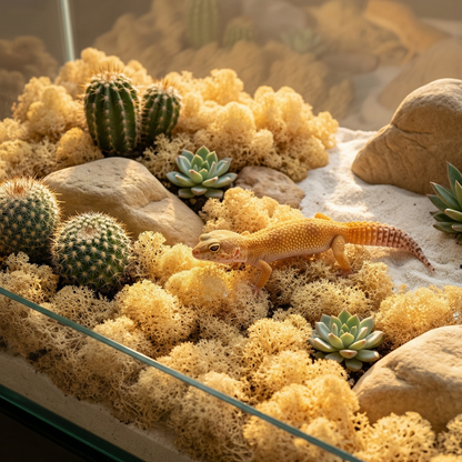 Mousse artificielle jaune clair couvre-sol terrarium désert zen, cactus 
succulentes plantés mousse dorée, roches grès beige sable blanc, gecko 
léopard marchant mousse tons jaune chauds complémentaires, lumière 
dorée après-midi mousse lumineuse chaude, format JPG 1:1