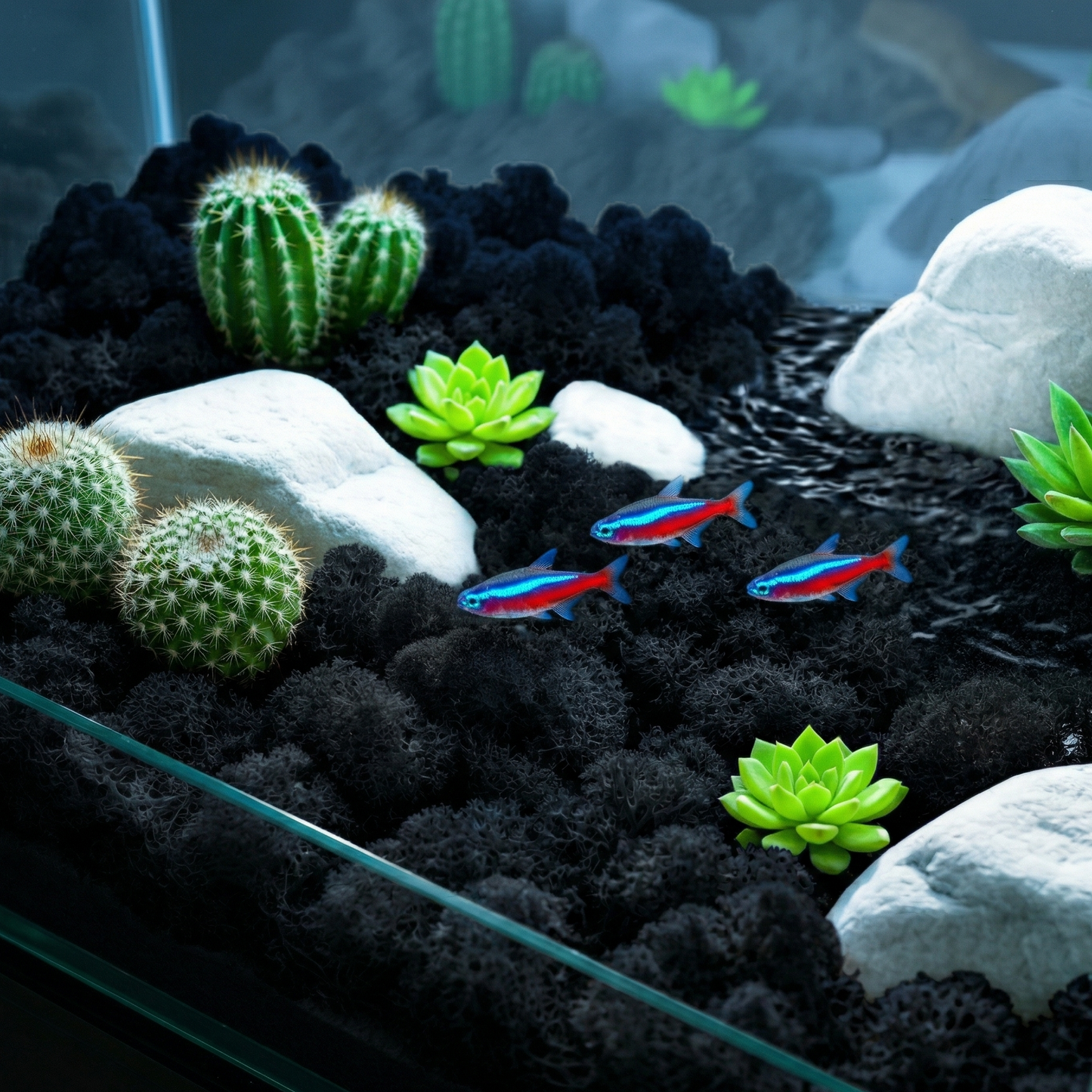 Mousse artificielle noire couvre-sol aquarium aquascape dramatique, 
plantes aquatiques vert néon émergeant mousse sombre, pierres Iwagumi 
blanches contraste stark, trois tétra néons bleu électrique rouge 
nageant dessus eau cristalline, éclairage LED aquatique profondeur 
mystérieuse, format JPG 1:1