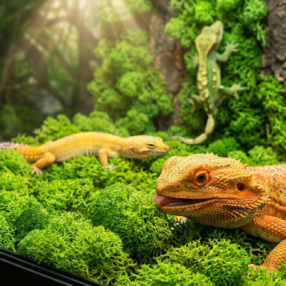 Terrarium tropical mousse artificielle vert vif couvre-sol paroi, 
dragon barbu orange nez dans mousse exploration bouche ouverte langue 
contact direct sûr, gecko léopard jaune étendu relaxé contact total, 
gecko crêté fond flou grimpant paroi mousse, texture clusters mousseux 
rasoir net vif naturel convaincant, lumière terrarium chaude animaux 
sains contents, format JPG 1:1