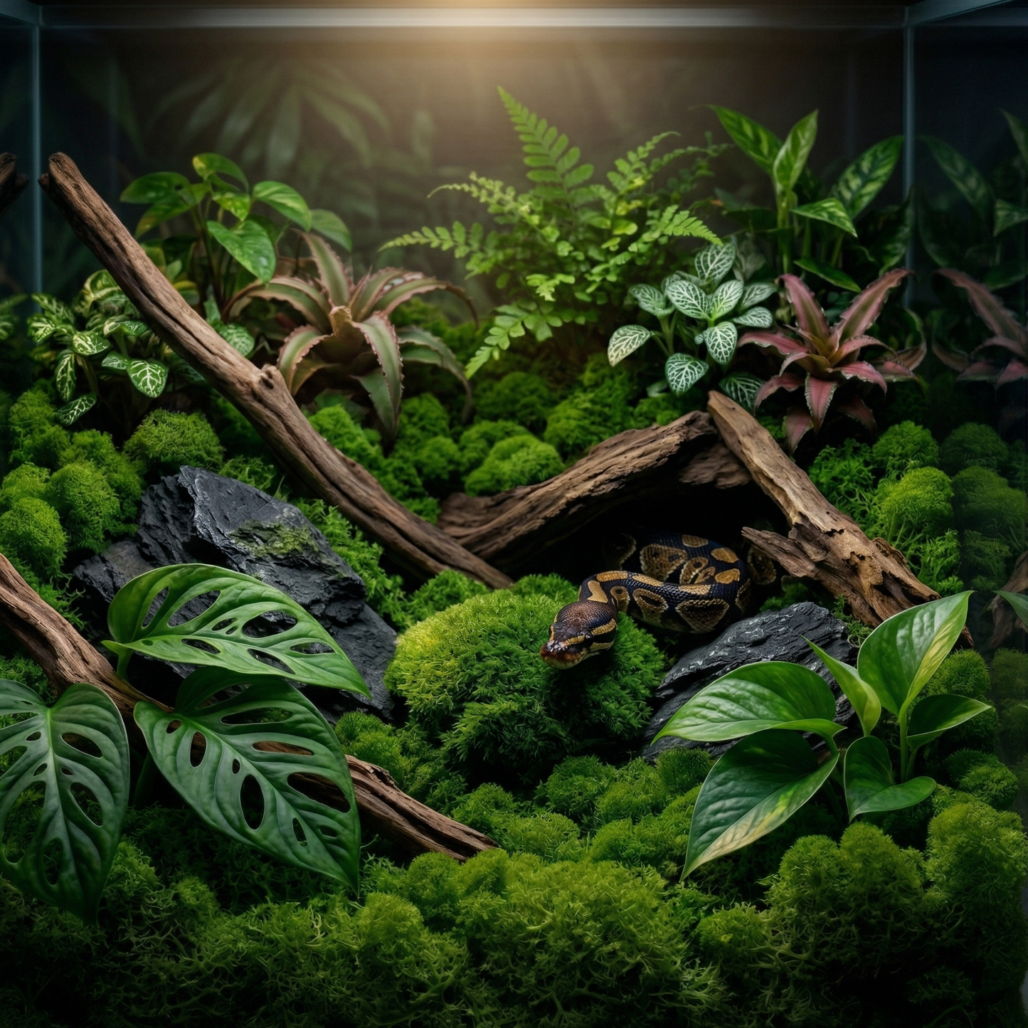 Mousse artificielle vert foncé forêt ancienne profonde couvre-sol 
terrarium dramatique, bois flotté vieilli sombre ardoise noire, python 
royal brun doré partiellement caché dessous tête émergeant ombre 
mystérieux, éclairage spot unique dramatique mousse sombre absorbant 
lumière ombres profondes mystère, format JPG 1:1