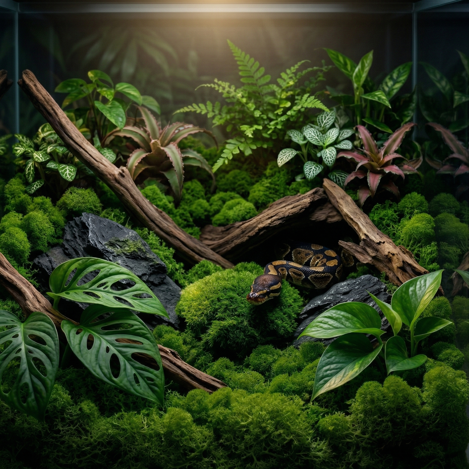 Mousse artificielle vert foncé forêt ancienne profonde couvre-sol 
terrarium dramatique, bois flotté vieilli sombre ardoise noire, python 
royal brun doré partiellement caché dessous tête émergeant ombre 
mystérieux, éclairage spot unique dramatique mousse sombre absorbant 
lumière ombres profondes mystère, format JPG 1:1
