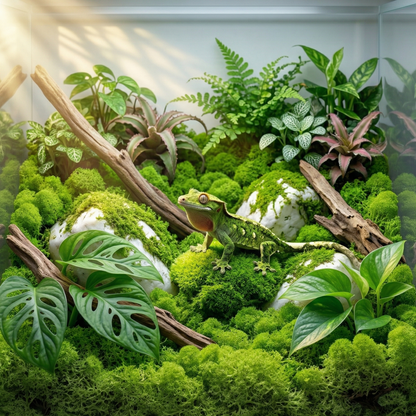 Mousse artificielle vert herbe vif tapis couvre-sol terrarium jungle 
tropicale luxuriante, feuilles monstera pothos bois flotté diagonal, 
plantes tropicales fond, gecko crêté vert tête levée fanon affiché 
territoire naturel, lumière tropicale dappled chaude mousse lumineuse 
vitalité naturelle, format JPG 1:1