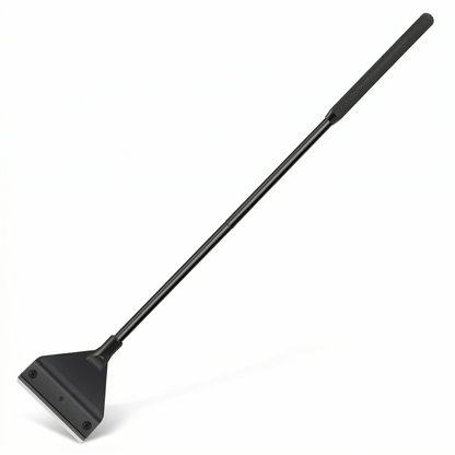 Nettoyeur vitre aquarium terrarium outil nettoyage noir avec lame raclette plastique noire base large plate scraper algues, manche télescopique extensible noir tube métal plastique, poignée grip caoutchouc texturé noir antidérapant dessus, longueur environ 60-80cm étendu, photographié fond blanc pur angle diagonal léger montrant longueur complète outil blade bas handle top, format JPG carré 1:1