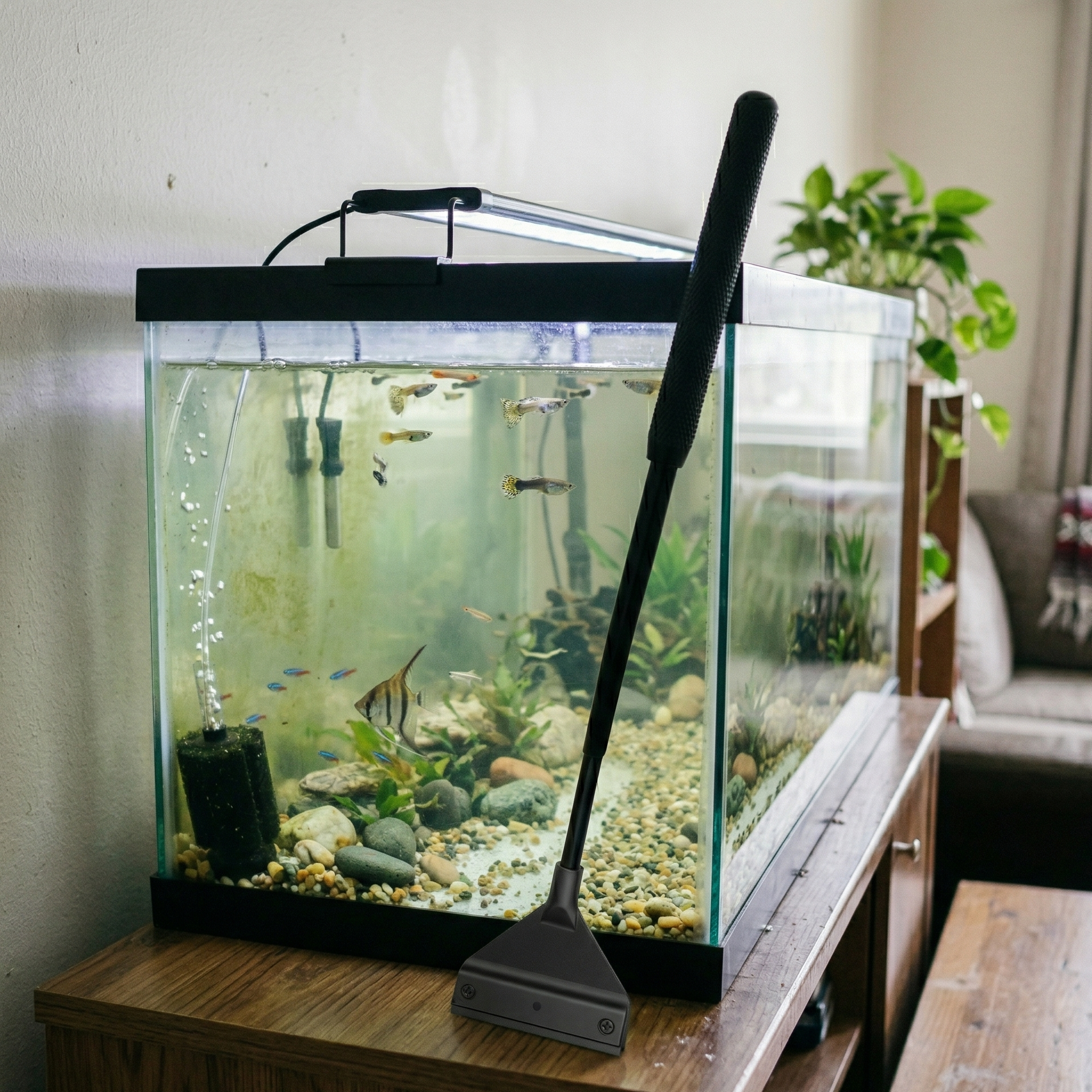 Nettoyeur vitre noir (exact référence design) posé leaning against front glass aquarium ou resting rim montrant full length casually tool not being used positioned naturally just finished cleaning, aquarium maison normal 60-80cm wooden stand TV cabinet eau normale natural slight haze not perfectly clear poissons réguliers guppies tetras goldfish common pet store fish basic gravel plastic plant simple decorations lived-in typical family aquarium not elaborate aquascape, background REGULAR living room home sp