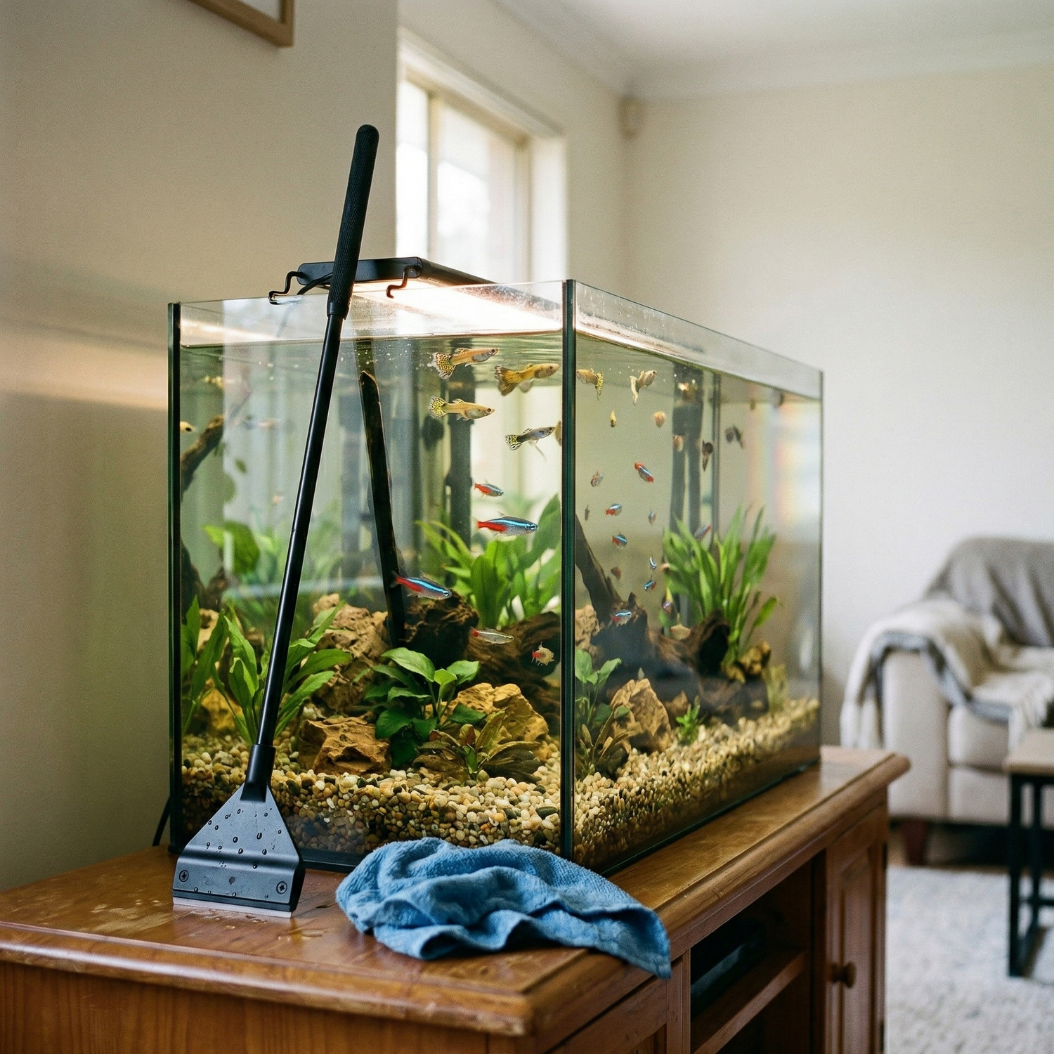 Aquarium maison normal 60-80cm stand bois TV cabinet verre frontal just been cleaned clear voir poissons inside well guppies tetras normal pet store fish plantes basiques décorations gravier normal home tank, nettoyeur NOIR resting against aquarium glass lying stand beside just finished using 5 minutes ago put down water drops still on it, NO chemical bottles visible anywhere surface just tool maybe regular towel nearby showing don't need bunch products, background regular room mur beige blanc edge couch ta