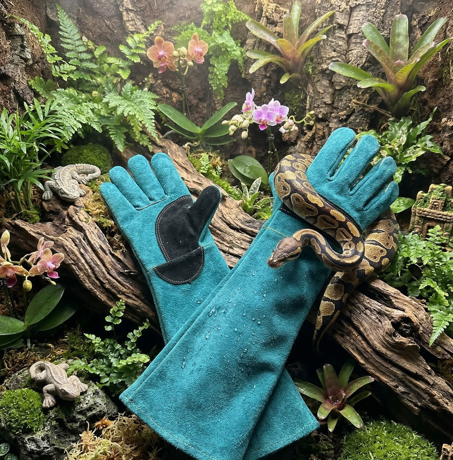 Paire de gants longs de protection en daim bleu sarcelle avec patchs noirs