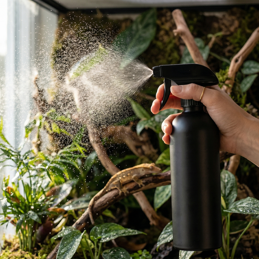 Main élégante alliance or tenant pulvérisateur aluminium noir mat, 
brume ultra-fine freeze-frame gouttelettes diamants suspendus lumière, 
terrarium tropical fond gecko crêté branche peau glistening, plantes 
tropicales mousses feuilles gouttelettes lumière, lumière naturelle 
format JPG 1:1