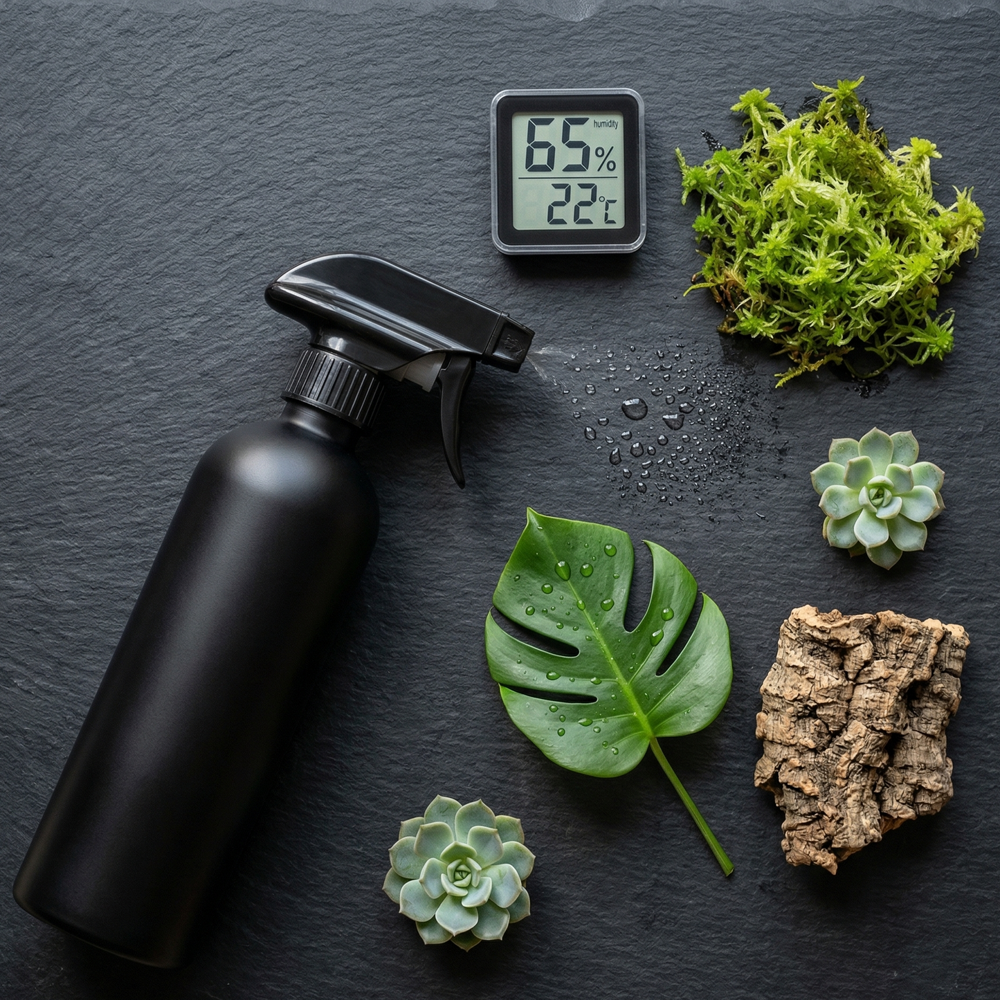 Vue plongeante flat lay pulvérisateur aluminium noir mat diagonal 
centré gauche, hygromètre digital 65% humidité, mousse sphagnum verte 
vibrante humide, gouttelettes eau ardoise nozzle, feuille tropicale 
gouttelettes parfaites, liège texture naturelle, succulent cutting, 
surface ardoise sombre, lumière naturelle overhead gradient noir mat 
premium, format PNG 1:1