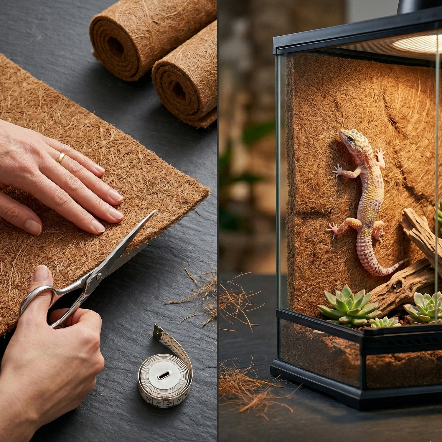 Composition deux moments fibre végétale coco, gauche main élégante 
alliance or coupant mat ciseaux freeze-frame ardoise sombre coupe 
nette précise ruban mesurer, droite mat installé parfaitement terrarium 
bord à bord gecko léopard explorant griffes instinctives, fibres coco 
épars connexion visuelle deux scènes, lumière naturelle gauche lumière 
terrarium chaude droite, format JPG 1:1