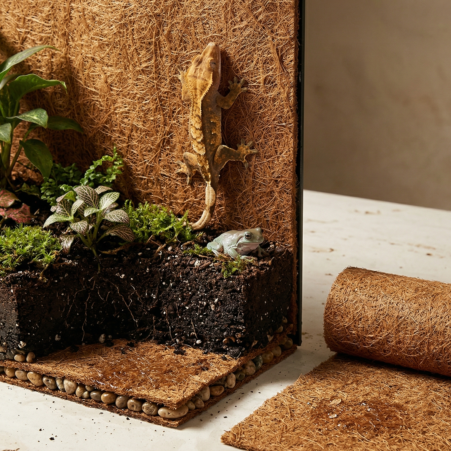 Terrarium coupe transversale révélant trois couches fibre végétale coco, 
bas base drainante mat humide galets drainage barrière parfaite, milieu 
terre sombre fibres bord sol contenu racines plantes poussant mat, 
paroi verticale gecko crêté escalade surface vivante, extérieur mat 
nettoyé humide gouttelettes pristine rafraîchi, grenouille arboricole 
niveau sol cachette, lumière naturelle chaude couches distinctes texture 
brune unifiante, format JPG 1:1