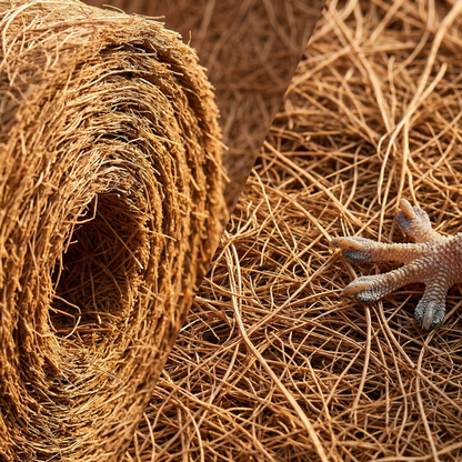 Macro extrême fibre végétale naturelle coco, gauche bord roulé 
épaisseur couches fibres compressées lumière rasante densité premium, 
droite surface plate macro fibres individuelles rasoir net croisées 
naturellement tons bruns variation naturelle, griffe gecko pressée 
fibres chaque serre grippant fibre individuelle interaction naturelle 
parfaite, lumière rasante unique ombres riches paysage texture naturel, 
format PNG 1:1
