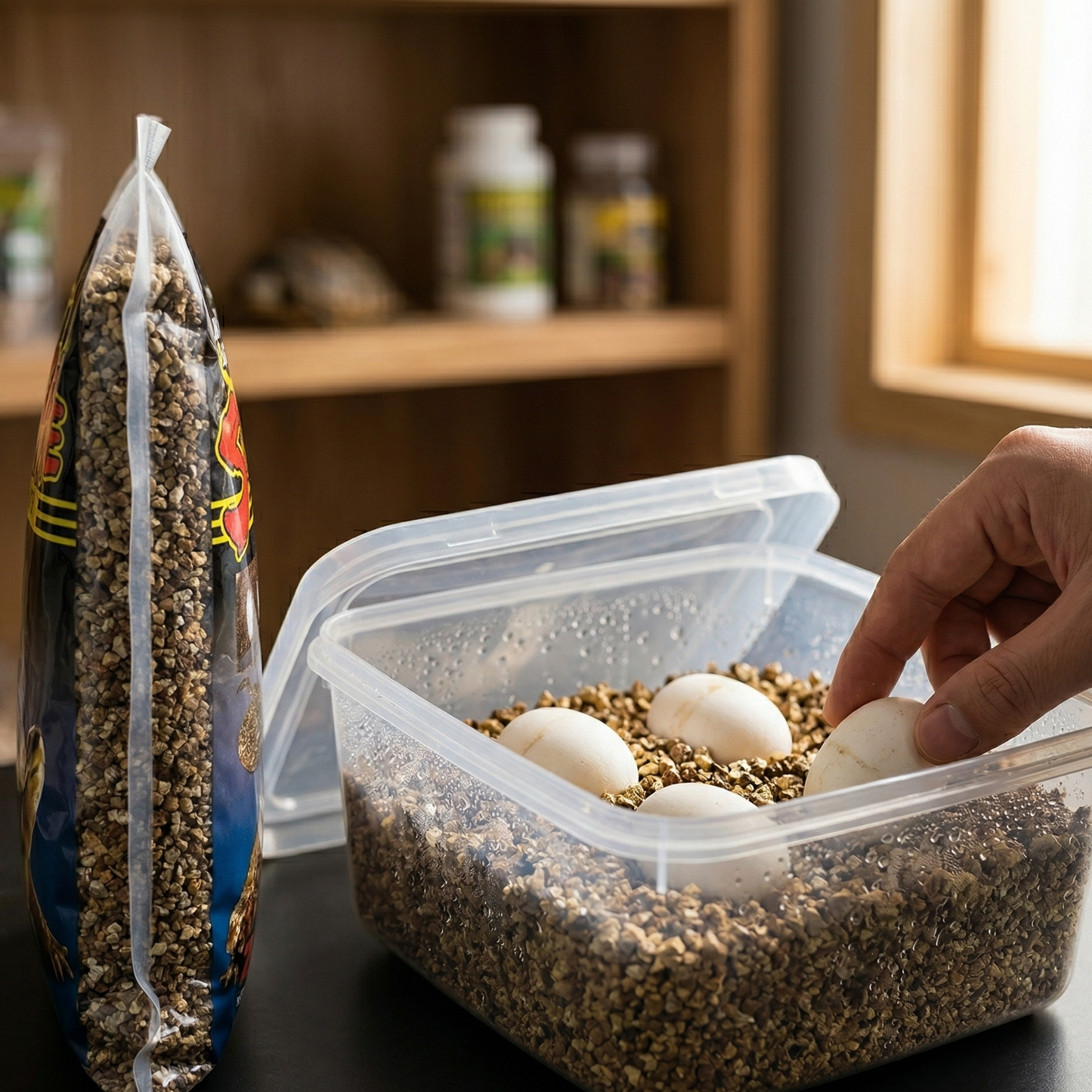 Sachet substrat vermiculite premium profil latéral à côté boîte 
incubation transparente ouverte, œufs reptile blancs nichés substrat 
humide vermiculite, gouttelettes humidité parois, main soignante 
vérifiant œuf, étagère bois floue arrière-plan, lumière naturelle 
chaude, format PNG 1:1