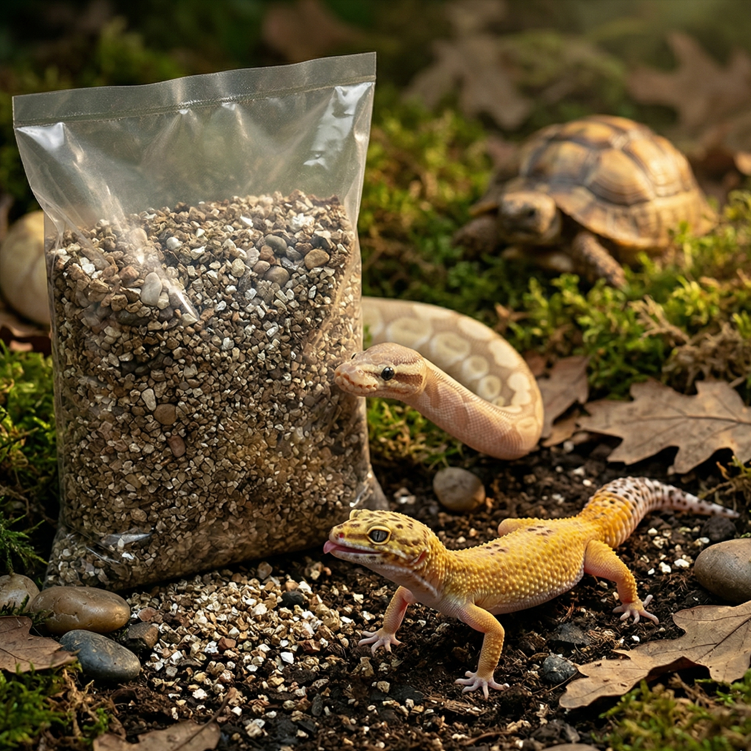 Sachet substrat vermiculite premium posé naturellement sol forêt 
biotope sombre, gecko léopard jaune premier plan net marchant, 
python champagne mi-plan explorant derrière sac, tortue fond bokeh 
chaud, sol mousse pierres feuilles vermiculite épars scintillant, 
lumière forêt dappled dorée, ambiance BBC Nature magazine luxe, 
format JPG 1:1