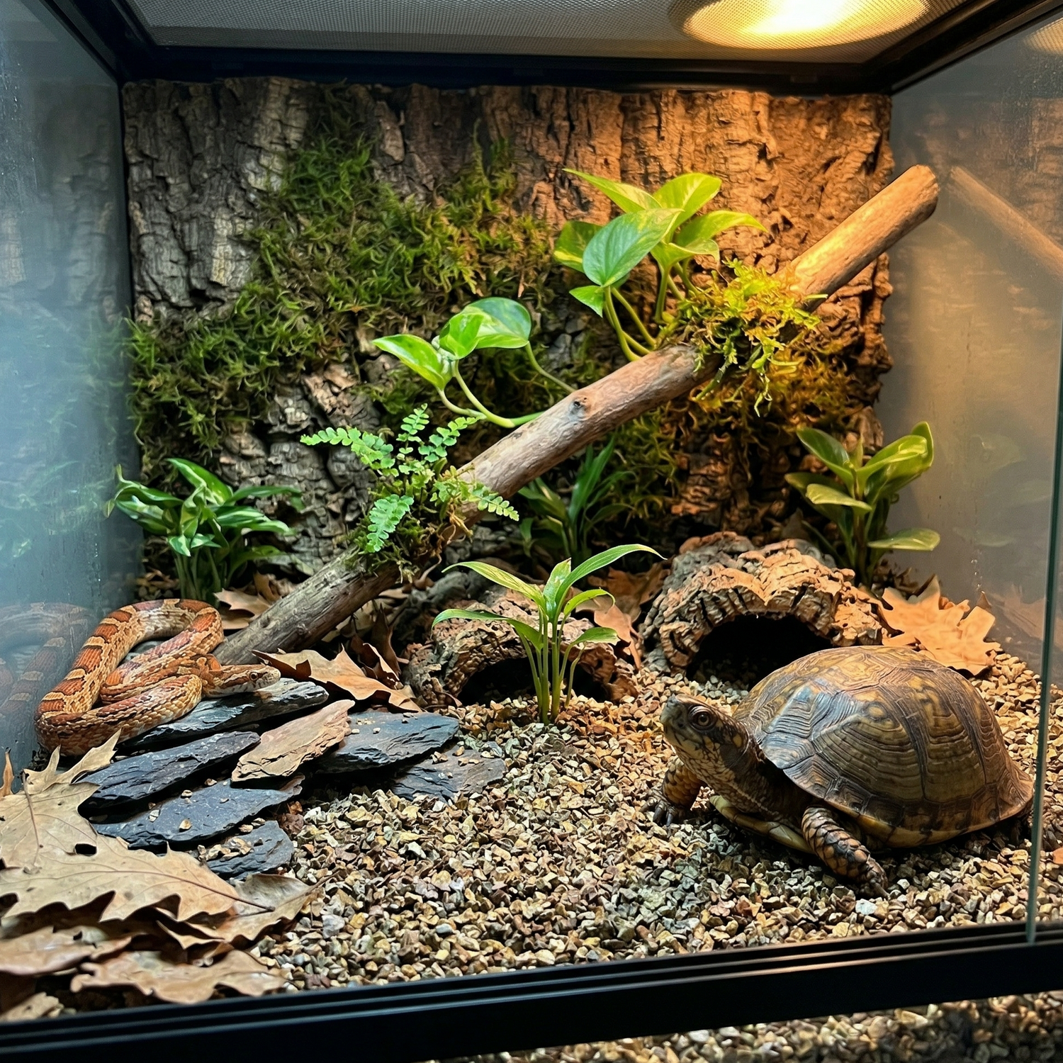 Intérieur terrarium complet substrat vermiculite naturel visible sol, 
gecko léopard marchant substrat confortable, deuxième gecko cache 
liège, branche diagonale mousse java, ardoise basking, plantes pothos 
fougère poussant substrat, lumière basking ambrée particules shimmer 
doré, cadre verre visible bords, ambiance jewel box naturel 
aspirationnel, format JPG 1:1